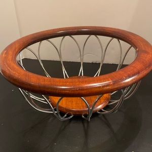 Wood & chrome metal fruit bread basket table centerpiece bowl 12x6”